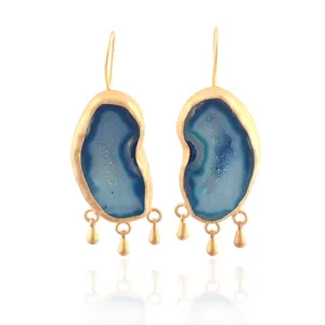 Valuable fashion jewelry natural sky blue geode agate druzy hook earring brushed matte finish gold plated puffed charms droplets