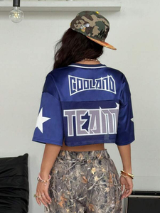 Top en maille bleu personnalisé, coupe courte, maillot de football américain, unisexe, streetwear en satin, col en V, écusson étoile, Y2K, surdimensionné, respirant - Product Image 5