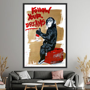 Obra de arte impresa en lienzo con grafiti de mono de Banksy - Elegancia urbana moderna, LIENZO ENMARCADO NEGRO - Product Image 1