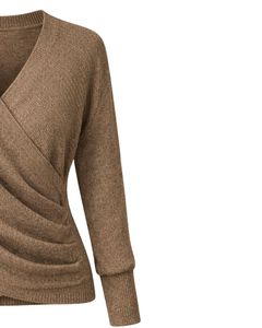 Women <b>Brown</b> Wrap Style Knit Sweater Long Sleeve V Neck Soft Casual Winter Top Elegant <b>Ladies</b> Fashion Pullover For Daily Wear - Product Image 4