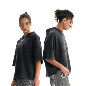 เสื้อฮู้ดแบบสวมหัวแขนสั้นโอเวอร์ไซส์ผ้าคอตตอน100% เป็นมิตรกับสิ่งแวดล้อมผ้าคอตตอนผ้าดิบกำหนดเอง240gsm - Product Image 3