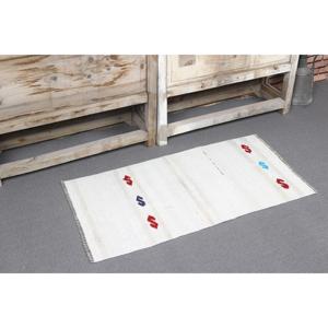 Tapis turc vintage, petit tapis de 1,7 x 3,2 pieds, tapis en laine blanc et rouge à carreaux - Product Image 1
