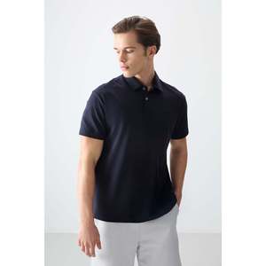 T-shirt basique pour homme en coton bleu marine, col polo, coupe ample, épais et doux, texturé - 88381 - Bleu marine - Product Image 1