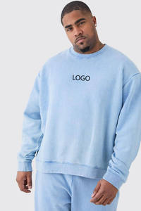 Ensemble 2 pièces élégant pour homme en coton molletonné bleu délavé respirant, sweat-shirt à col rond et jogging, taille plus, survêtement d'hiver - Product Image 2