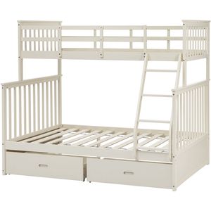 Cream <b>Wooden</b> Twin Over Full <b>Bunk</b> <b>Bed</b> with Storage Drawers Ladder & Safety Guard Rails brand new - Product Image 2