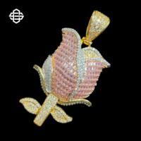 Pendentif Fleur Rose Moissanite Hiphop Personnalisé pour Femme et Homme, Plaqué Or 18 carats, Argent 925, Bijou Statement Rose Bling
