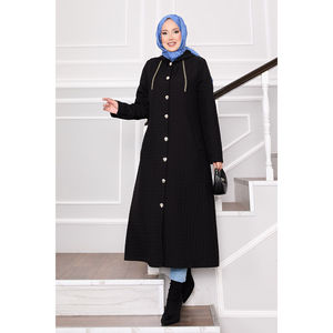 Abrigo Acolchado con Capucha Negra, Cuello de Piel, Relleno de Fibra de Poliéster, Forro de Nailon para Mujer - Talla XS, Largo, Estampado, para Invierno y Otoño - Product Image 3