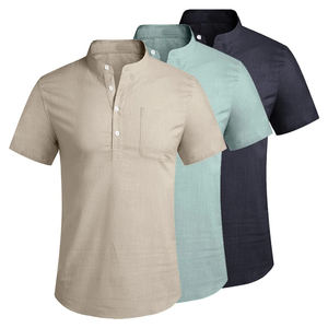 Moda transpirable suelta básica bolsillo Top verano hombres Casual Stand Collar Color sólido manga corta Algodón ligero camisas - Product Image 6