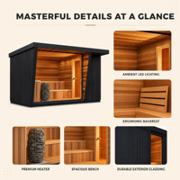 Cabina de Sauna Moderna para Exteriores PLOUTARA para Proyectos Hoteleros con Estructura Angulada, Techo de Cristal Amplio y Calentador de Piedra