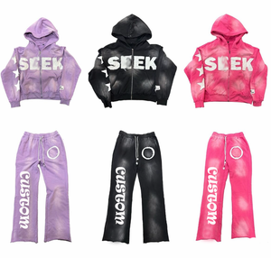 Chándal acampanado personalizado 2025, conjunto de dos piezas personalizado con cuello con capucha, técnica teñida Lisa, algodón/poliéster para hombre de invierno - Product Image 1