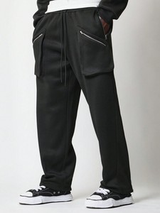 Pantalon cargo en molleton noir avec logo personnalisé pour hommes, pantalon lavé, jambe large, poche zippée, cordon de serrage, taille, coupe décontractée, streetwear - Product Image 2