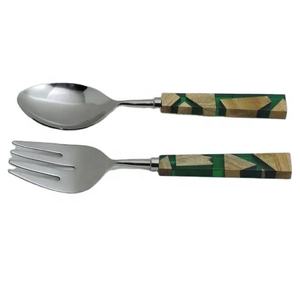 Ustensiles de service à salade en résine époxy de luxe, acier inoxydable, résine, passe au lave-vaisselle, utilisation en fête, comprend cuillère et fourchette pour la maison et l'hôtel - Product Image 2