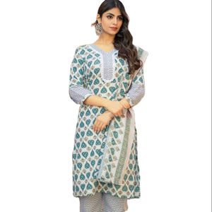 ชุดวิ่งผ้าฝ้ายทำมือเต็มรูปแบบพิมพ์ลายคอสวยสไตล์อินเดียแฟชั่นชุดสวมใส่สบาย - Product Image 1