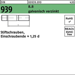 Vis à tête hexagonale M20x70 DIN 939 électrogalvanisées 8.8 1.25d avec extrémité à visser, lot de 10 vis - Product Image 1