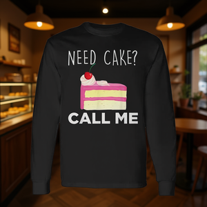 Camiseta de manga larga con diseño divertido 'Need Cake?' Camiseta Promocional de la Panadería Call Me' - Product Image 3