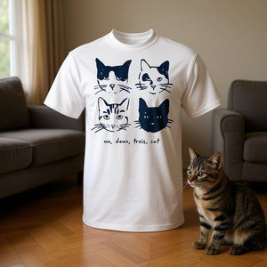 Camiseta gráfica One Two Three Cat para amantes de los gatos, camiseta de algodón blanca con diseño de gato Un Deux Trois - Product Image 3
