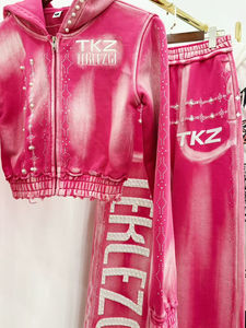 Men's Distressed Acid Sun Wash Set Embroidery Sweatpants Flared Pants Tracksuit Logo <b>Hoodie</b> Sun Faded Joggers DTG <b>Hoodie</b> - Product Image 2