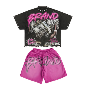 Bas de détresse personnalisé avec coton DTG T-shirt Short deux pièces ensemble été haute qualité délavé à l'acide chemises et Shorts ensemble hommes - Product Image 1