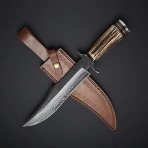 Cuchillo de Caza de Acero de Damasco Hecho a Mano con Mango de Cuerno de Ciervo, con Funda, Hoja Fija, Personalizable, OEM, Supervivencia, Táctico - Product Image 1