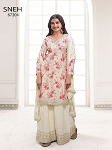 Presentando el nuevo diseñador Heavy Pure Chinon Silk Long Pakistani Suit Top Sharara y Dupptta en estilo elegante - Product Image 4