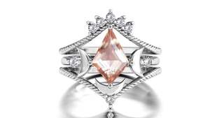 Lune de ma vie en forme de cerf-volant Morganite bague de mariage ensemble classique Antique Art déco bague de fiançailles avec placage de rhodium pour les fêtes - Product Image 2