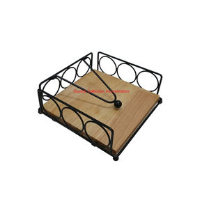 Porte-serviettes en métal noir de style moderne fait à la main avec base en bois support de mouchoirs décoratif en fer pour table et cuisine - Product Image 1