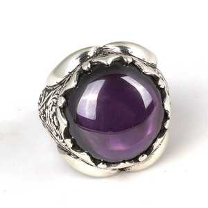 925 Sterling Silver Men's <b>Adjustable</b> <b>Ring</b> Handcrafted Engraving with Round Teardrop Amethyst Stone Bezel Setting Gift - Product Image 4