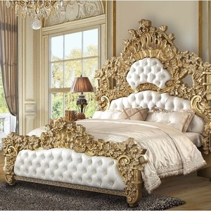 Cama de lujo oro completo tallado cabecero acolchado cuero crema madera maciza de caoba tamaño King-muebles de madera antiguos hechos a mano - Product Image 4