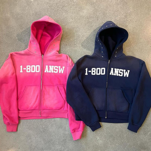 เสื้อฮู้ด320gsm ฟอกสีกรดสำหรับผู้ชายและผู้หญิงเสื้อผ้าแนวสตรีทแวร์เปิดไหล่มีฮู้ดผ้าเย็บปักและติดพลอยเทียมมีซิปรูดสำหรับผู้ชาย - Product Image 6