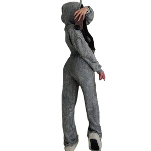 Conjunto Deportivo Retro con Capucha y Cremallera, Estilo Acid Wash, Corte Recto, Cintura Alta, Felpa, Ropa Deportiva de Invierno para Mujer - Product Image 4