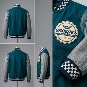 Men's Teal Wool Letterman <b>Jacket</b> Grey Sleeves Custom Logo <b>Checkered</b> Rib Knit Collar Cuffs Snap Front Luxury Streetwear Outerwear - Product Image 5