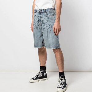 DENIM Streetwear Custom Vintage serigrafía 3/4 Jeans acampanados Pantalones cortos de cintura alta Baggy Jorts Hombres - Product Image 4