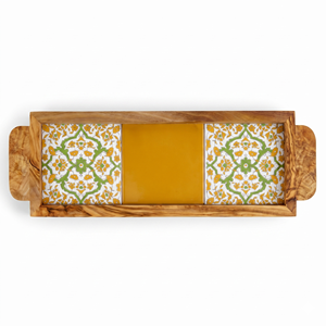 Plateau de service carré esthétique - Plateau ottoman personnalisé en bois d'olivier et céramique pour la décoration moderne de table basse - Product Image 2