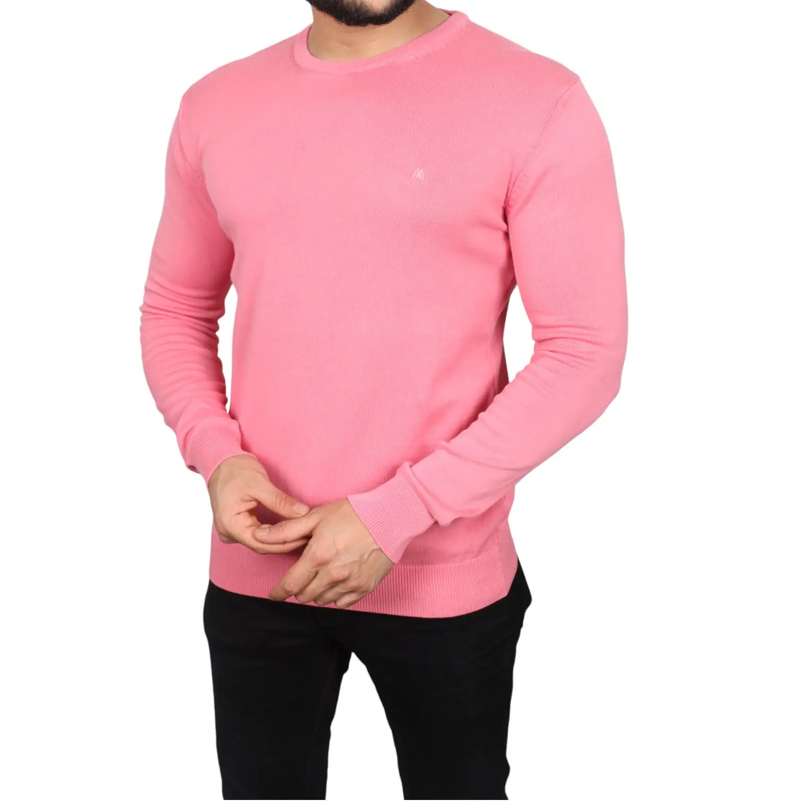 100% Cotton Mens Sweatshirt Fabric Cotton High Quality New Season O Neck Slim Fit Long Sleeve Pink Knitwear Full Color