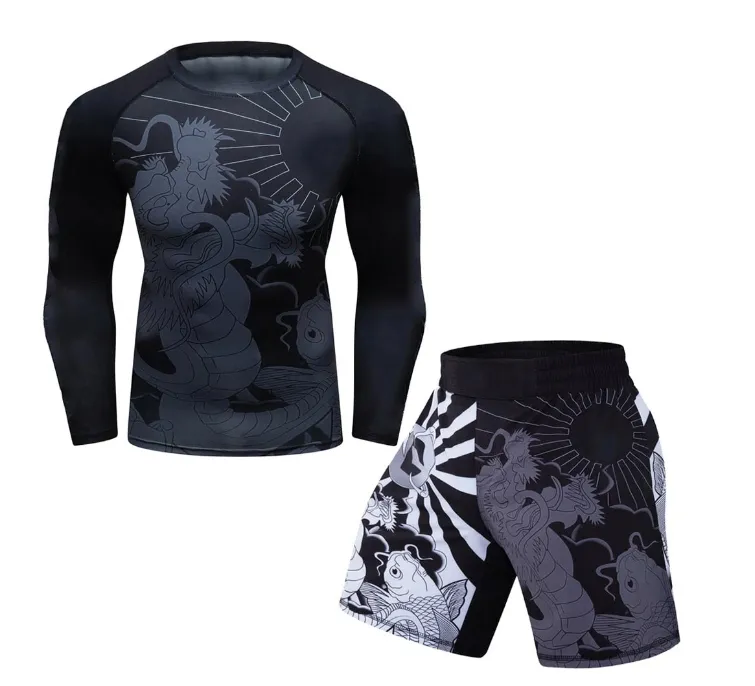 Kaus kompresi pria BJJ MMA, lengan panjang, pelindung ruam, pelindung ruam untuk BJJ, pakaian olahraga MMA