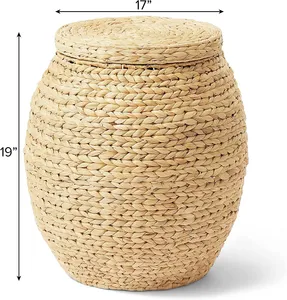 Natural Water Hyacinth Wicker Round <b>Basket</b> <b>with</b> <b>Lid</b> Traditional Style for Storage Holder Home Decoration - Product Image 2
