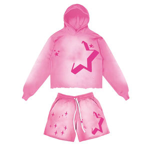 Conjunto de pantalones cortos y Sudadera con capucha recortada lavada ácida de dos piezas personalizada para hombre 100% algodón al por mayor conjuntos de pantalones cortos transpirables de talla Regular para hombre - Product Image 2