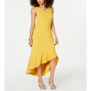 Abito lungo da donna Thalia Sodi, comodo, senza maniche, con volant, giallo, taglia grande, vita naturale, silhouette a tubino - Product Image 1