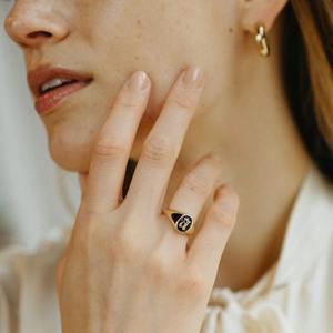 <b>Initial</b> Enamel Signet Band <b>Ring</b>, Valentine's Day Gift, Black Enamel Signet <b>Ring</b>, Letter Signet <b>Ring</b>, Personalized <b>Initial</b> <b>Ring</b> - Product Image 3