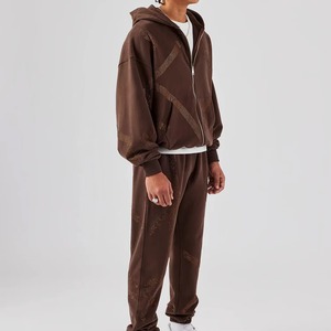 Ensemble deux pièces vintage personnalisé pour homme, sweat-shirt à capuche et pantalon de jogging imprimé avec des strass, lavage à l'acide, pantalon de survêtement évasé - Product Image 5