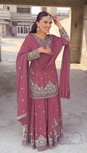 Nuevo diseñador bohemio Casual Chinon Sharara traje pesado elástico bordado trabajo lindo sólido puntada completa secuencia bordado - Product Image 3