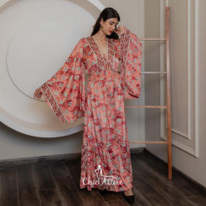 Robe de soirée Maxi à imprimé floral décontracté de style Boho pour femmes col en V manches évasées à volants déco multicolore avec fente - Product Image 1