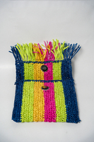 Pochette en raphia tressé avec pompon, style bohème, fermeture boutonnée, légère, écologique, portable, toutes saisons, usage quotidien