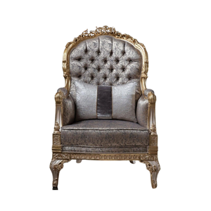 Fauteuil de style baroque européen de luxe, en bois massif sculpté avec feuille d'or, fauteuil d'appoint avec tissu à motif marbré capitonné - Product Image 1