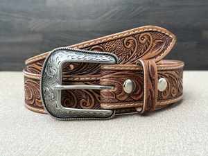 Ceinture en peau de vache florale sculptée à la main bicolore vintage boucle ardillon en acier de créateur de style occidental unique - Product Image 2