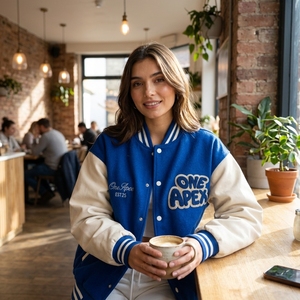 Custom Women's Premium <b>Blue</b> Wool Blend Snap Button Embroidered Streetwear Jacket OEM ODM Private Label Manufacturer - Product Image 5