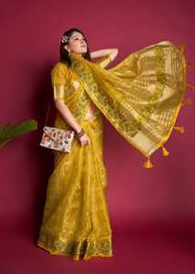 Premium Tissue <b>Organza</b> <b>Silk</b> Saree With Fine Embroidered Work on Border and Pallu with Zari Weaving With Fancy Latkans Wholesale - Product Image 5