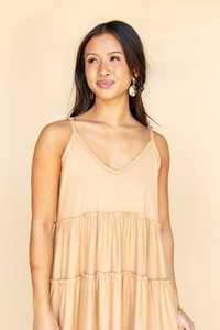 Atractivo sólido 100% tela de algodón verano cuello en V hasta el tobillo con escalonado suelto Casual sin mangas señoras Maxi vestido para mujer - Product Image 4