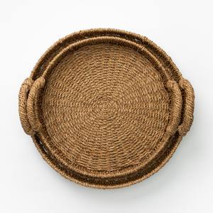 Plateau rond en jonc de mer D48 H14 cm avec poignées, plateau de service, plateau à fruits, plateau tissé à la main pour la maison et l'hôtel - Product Image 5