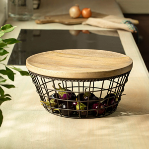 Kitchen Food <b>Storage</b> <b>Basket</b> with Wooden Lid Metal Container for Fruits and <b>Vegetables</b> Chopping Cutting board with metal <b>Basket</b> - Product Image 4